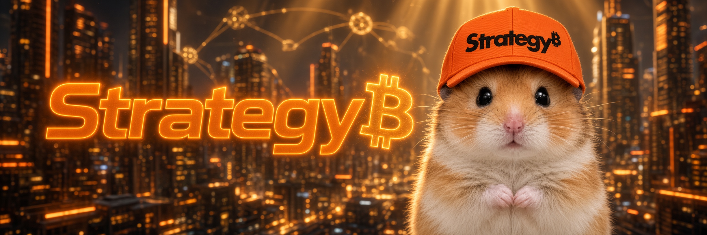 haMSTR banner — hamster in Strategy cap over a Bitcoin city
